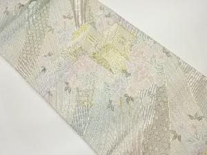 プラチナ箔斜線に御所車・花々模様織出し袋帯